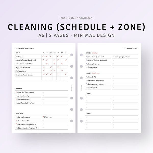 Household Cleaning Schedule Printable A6 Inserts, House Zone Cleaning Template, Daily Weekly Cleaning Routine Tracker Home Management Binder