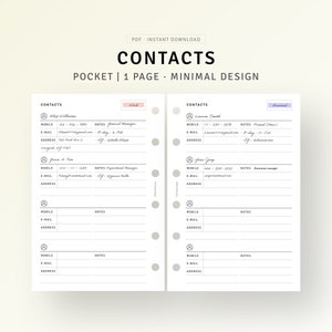 Puede incluir: Una lista de contactos imprimible en PDF con un diseño minimalista. La lista de contactos está dividida en dos columnas, cada una con una sección para contactos personales y laborales. Cada sección tiene espacio para un nombre, un número de teléfono móvil, una dirección de correo electrónico, notas y una dirección.