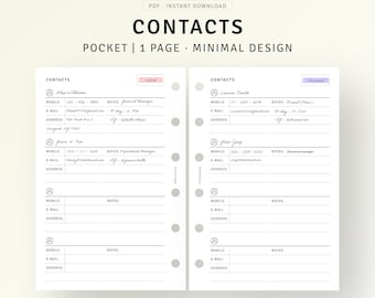 Contact List Printable Pocket Planner Inserts, Emergency Contact Number Information Template, Business Email List, Instant Download PDF