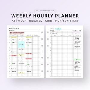May include: An A6 weekly hourly planner with a grid layout. The planner is undated and starts on Monday. It features sections for weekly focus, daily schedule, and trackers. The planner is designed for a working week with a focus on mindfulness and healthy eating.