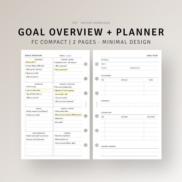 Goal Planner FC Compact Size Printable, Life Goal Setting Template, Goal Challenge Action Tracker, Vision Board, Project Organizer PDF