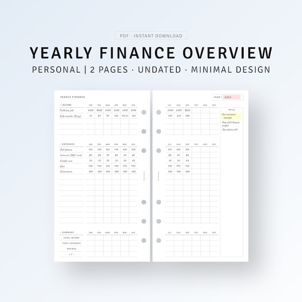 Personal | Yearly Finance Overview Printable Bill Organizer, Income Expense, Personal Finance, Money Budgeting Template, Digital Download