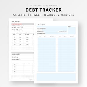 Seguimiento de deudas, hojas A4/carta, insertos rellenables para imprimir, formulario de bola de nieve para préstamos estudiantiles, planificador de pago de deudas de tarjetas, diario de finanzas, descarga digital en formato PDF