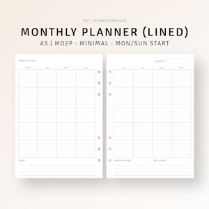May include: A printable monthly planner in A5 size with a minimalist design. The planner is divided into two sections: a weekly view and a monthly view. The weekly view has space for each day of the week, while the monthly view has space for each day of the month. The planner is designed to be used with a disc-bound system.