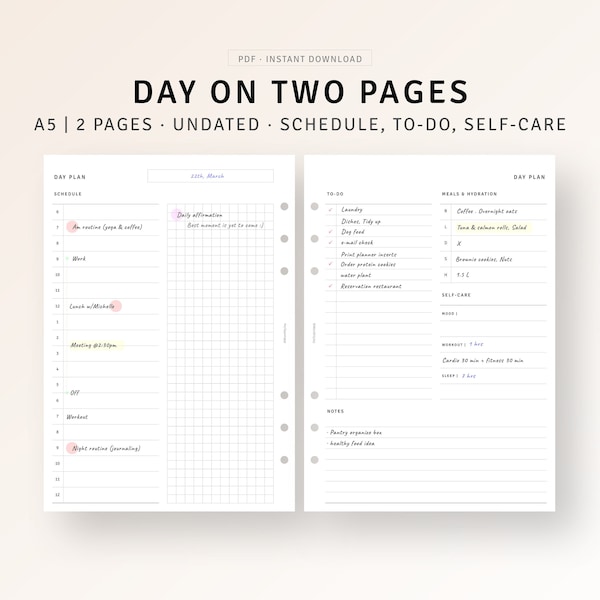 A5 Inserts, Day on Two Pages Printable Daily Planner Pages Template PDF, Undated Daily Agenda Organizer, To do list, Daily Schedule Timeline
