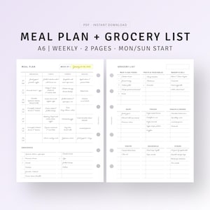 Planificador de comidas semanal A6 con lista de compras, planificador de comidas diario imprimible, plantilla de menú de dieta, hoja de planificación de comidas simple, descarga instantánea en PDF