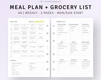 A6, Weekly Meal Planner with Grocery List Printable Daily Food Planner, Diet Menu Template, Simple Meal Planning Sheet, Instant Download PDF