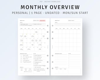 Monthly Overview Personal Inserts Printable Simple Month Calendar, Undated Monthly Agenda Organizer, Month on 1 Page, Digital Download PDF
