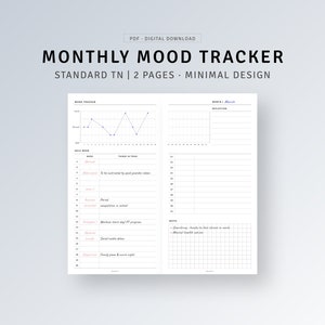 TN STANDAARD | Mood Tracker afdrukbare maandelijkse stemmingsdagboeksjabloon, mindfulness emotielogboekgrafiek, angsthulptracker, zelfzorgplanner