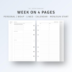 Personal, Week on 4 Pages Printable Undated Weekly Planner with Calendar Template, To do list, Simple Weekly Spreads, Digital Download PDF