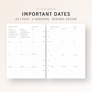 May include: A printable A5 planner with two versions of a yearly calendar. The calendar is designed for important dates and has a minimalist design. The calendar is divided into months and has space for writing in dates.