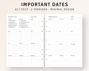 Yearly Important Dates Printable A5 Planner Inserts, Birthday Parties Anniversaries Tracker Template Yearly Event Overview, Year At A Glance