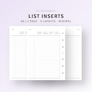 Op de afbeelding: Witte lijstinserts met de tekst "LIST INSERTS" en "A6 | 1 PAGE • 3 LAYOUTS • MINIMAL". De inserts hebben een minimalistisch ontwerp met gelijnde secties voor lijsten, selectievakjes en categorieën zoals "SHOPPING" en "PACKING".