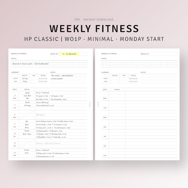 Weekly Fitness Tracker Printable HP Classic Inserts, Health Exercise Planner, Daily Workout Calendar Template PDF, Diet Weight Loss Tracker