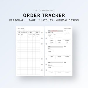 May include: A printable order tracker planner page with two layouts. The first layout is a grid with columns for date, item details, quantity, price, expected date, and received. The second layout has a section for shop name, date, total price, items, order, shipped, and delivered.