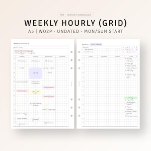 Weekly Hourly Planner Printable A5 Inserts, Week On Two Pages, Hobonichi Weekly Agenda Organizer, To do list, Undated Weekly Template Sheet