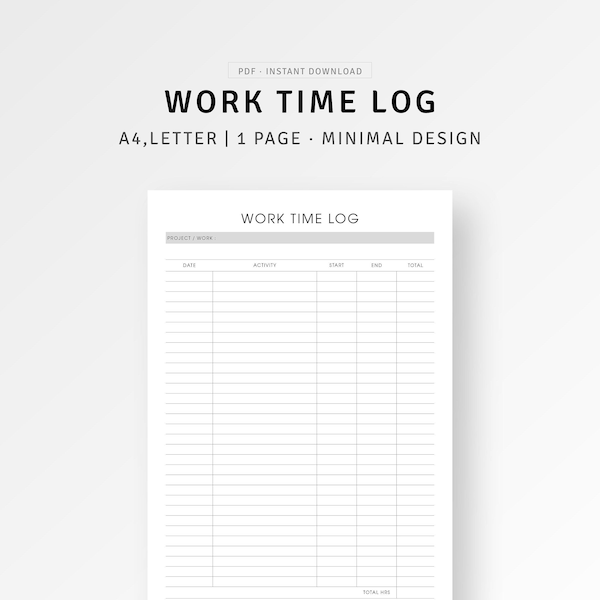 Work Time Log Sheet Printable A4/Letter Size Planner, Employee Time Card Template, Time Tracker, Work from Home, Time Blocking Management