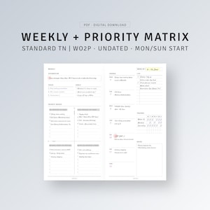 STANDARD TN Undated Weekly Planner + Priority Matrix Printable Productivity Planner, Midori Weekly Agenda Overview Template Digital Download