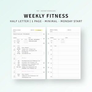 Planificador imprimible de media carta para seguimiento de actividad física semanal, planificador de dieta y ejercicio, calendario diario de ejercicios cardiovasculares, seguimiento de pérdida de peso