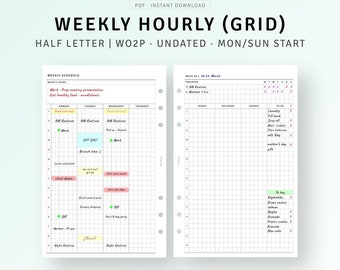 Planificador semanal por horas, tamaño medio, insertos imprimibles, plantilla de horario semanal estilo vagabundo, hoja de planificación semanal sencilla, descarga instantánea