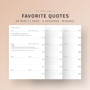 Könnte beinhalten: Eine druckbare Planerseite für einen Happy Planner Mini mit minimalistischem Design. Die Seite ist in vier Abschnitte unterteilt, jeder mit Platz für ein Zitat und seine Quelle. Die Seite trägt den Titel "Lieblingszitate".