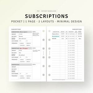 Subscription Tracker Pocket Size Printable Inserts, Spending Checklist, Membership Template, Bill Payment Organizer, Digital Download PDF