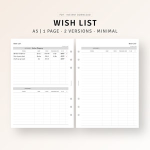 Wunschliste Tracker A5 druckbare Planer Einsätze, Online Shopping Tracker PDF, Weihnachtswunschliste Vorlage, Kaufliste, digitaler Download