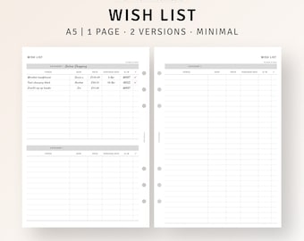 Wish List Insert Printable A5 PDF, Shopping Wishlist Tracker Template, Minimal Planner Refill Sheet for Gift and Holiday Planning
