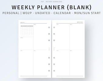 Persoonlijk formaat, weekplannersjabloon met kalender, afdrukbare wekelijkse agenda-organizer, WO2P, eenvoudige week op 2 pagina's, digitale download-pdf