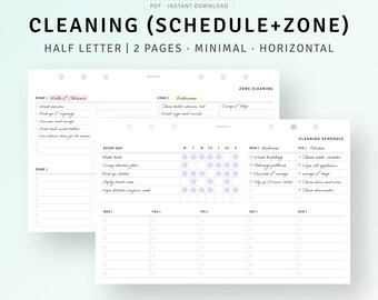May include: A printable cleaning schedule and zone checklist in a minimalist style. The schedule is divided into daily, weekly, and monthly tasks. The zones include the hallway and entrance, bathroom, and kitchen.