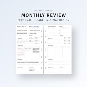 Op de afbeelding: Een printbare maandelijkse reviewplanner met een minimalistisch ontwerp. De planner bevat secties voor maandelijkse check-in, maandelijkse stemming, maandelijkse samenvatting en dankbaarheid. De planner is ontworpen voor persoonlijk gebruik en biedt ruimte voor reflectie en doelstelling.