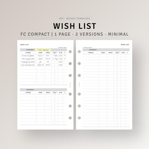 Wunschliste Planer Printable Weihnachten Urlaub Wish List Tracker, Einkaufsliste, Einkaufsliste Vorlage, FC Compact Inserts, Instant Download