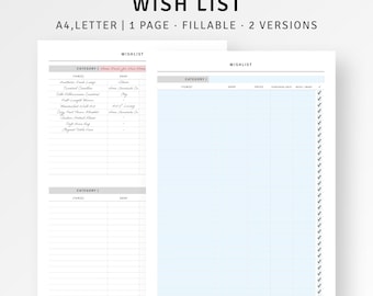 Editable Wish List Printable A4 Letter PDF, Shopping Wishlist Tracker Planner Inserts, Minimal Refill Sheet for Easy Gift Planning