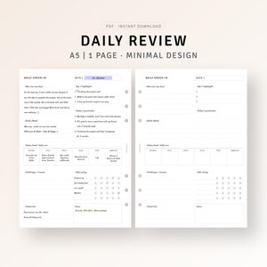 May include: A printable A5 daily review planner with a minimalist design. The planner has two pages, each with a daily check-in section, a space for top highlights, daily mood, today's food and self-care, challenges and lessons, self-rating, notes, and tomorrow's plans. The date is 27th October.