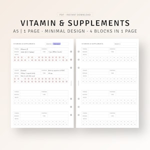 Medicatielogboek A5 inzetstukken afdrukbare vitaminesupplement-tracker, dagelijkse pillentracker, gezondheidssjabloon, wellnessdagboek, Instant Download