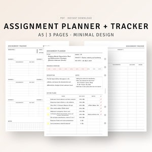 Puede incluir: Un planificador y rastreador de tareas minimalista en formato PDF. El diseño incluye un título, un rastreador de tareas y secciones de planificación. El texto incluye "Assignment Planner + Tracker" y "A5 | 3 Pages | Minimal Design."