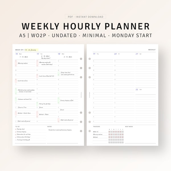 A5 Size | Undated Weekly Planner Pages Printable Weekly Schedule Template, To do list, WO2P, Productivity Planner, Weekly Hourly Overview