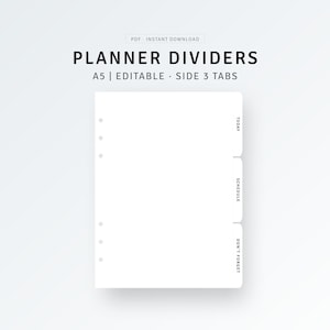 A5 Size | Planner Dividers Printable Side 3 Tabs Template PDF, Editable Planner Dashboard, A5 Inserts Custom Page Finder, Blank Index Label