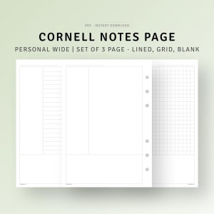 Cornell Notes Pages Printable Study Lecture Notes Taking Template, Brain Dump, Grid Lined Paper, Personal Wide Inserts, Digital Download PDF
