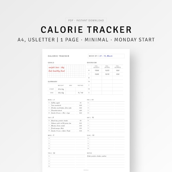 Calorie Tracker A4/Letter Planner Printable, Weight Loss Tracker, Weekly Food Diary Journal, Daily Calorie Counter Chart, Diet Planner