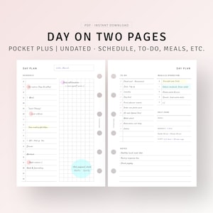 Puede incluir: Una página de planificador imprimible con un horario diario, una lista de tareas pendientes, un registro de comidas e hidratación y una sección de autocuidado. La página está diseñada para un planificador de bolsillo e incluye espacio para notas.