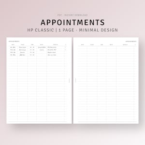 Peut inclure: Un planificateur de rendez-vous imprimable avec un design minimaliste. Le planificateur comporte deux colonnes, chacune avec un en-tête pour "Rendez-vous". Chaque colonne a des en-têtes pour "Date", "Lieu", "Heure", "Avec", et "Détails".