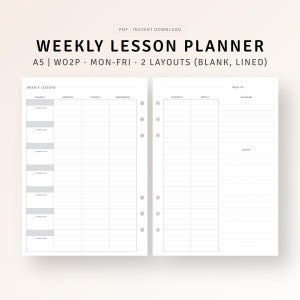 Könnte beinhalten: Ein wöchentlicher Stundenplan im A5-Format mit zwei Layouts: leer und liniert. Der Planer enthält Abschnitte für das Fach, Montag bis Freitag, Wochenende und Notizen.