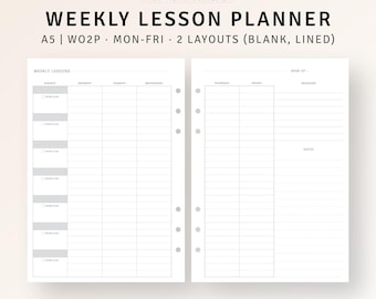 Weekly Lesson Planner A5 Inserts Printable Student Academic Template, Back to School, Teacher Planner, Lecture Planner, Instant Download