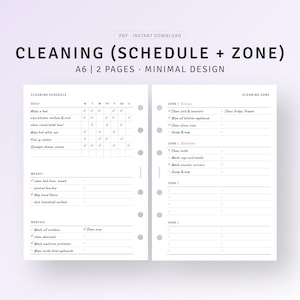 Household Cleaning Schedule Printable A6 Inserts, House Zone Cleaning Template, Daily Weekly Cleaning Routine Tracker Home Management Binder