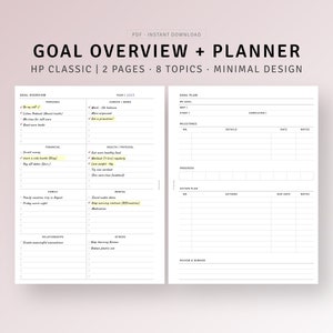 May include: A printable goal planner with a minimalist design. The planner is divided into eight sections: personal, career/work, financial, health/physical, family, mental, relationships, and others. Each section has a list of goals to achieve. The planner also includes a goal plan section with space for details, completed dates, and notes.