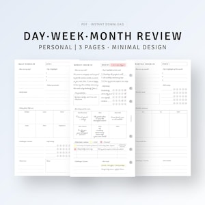May include: A printable PDF planner with a minimalist design. The planner is divided into three sections: daily, weekly, and monthly. Each section includes prompts for reflection and goal setting. The planner is perfect for personal use.