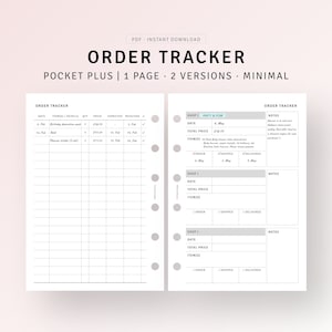Peut inclure: Un suivi de commande imprimable pour un agenda de poche. Le suivi comporte deux versions, l'une avec une liste d'articles et l'autre avec une section pour les notes. Le suivi comprend des colonnes pour la date, le magasin, le prix total, les articles, la commande, l'expédition et la livraison.