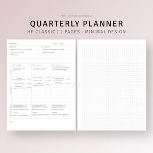 以下が含まれることがあります： ミニマルなデザインの印刷可能な四半期プランナー。プランナーには、四半期の優先事項、毎月の目標、達成事項のセクションが含まれています。プランナーは2023年用です。