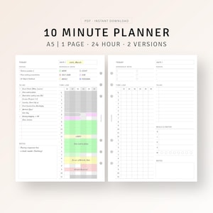 May include: A printable A5 planner with a 10-minute time block schedule for each hour of the day. The planner has two versions, one with a to-do list and the other with a schedule keys section. The planner is dated for March 22nd.